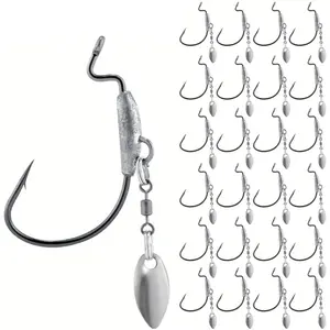 25pcs Underspin Weighted Swimbait Hooks, Wide Gap Weedless Worm Fishing Hook With Spinner Blades, Saltwater Freshwater Fish Hooks for Bass Trout