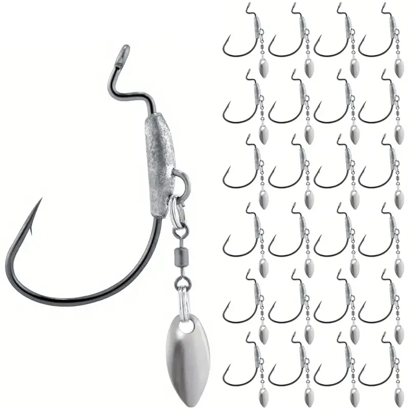 25pcs Underspin Weighted Swimbait Hooks, Wide Gap Weedless Worm Fishing Hook With Spinner Blades, Saltwater Freshwater Fish Hooks for Bass Trout