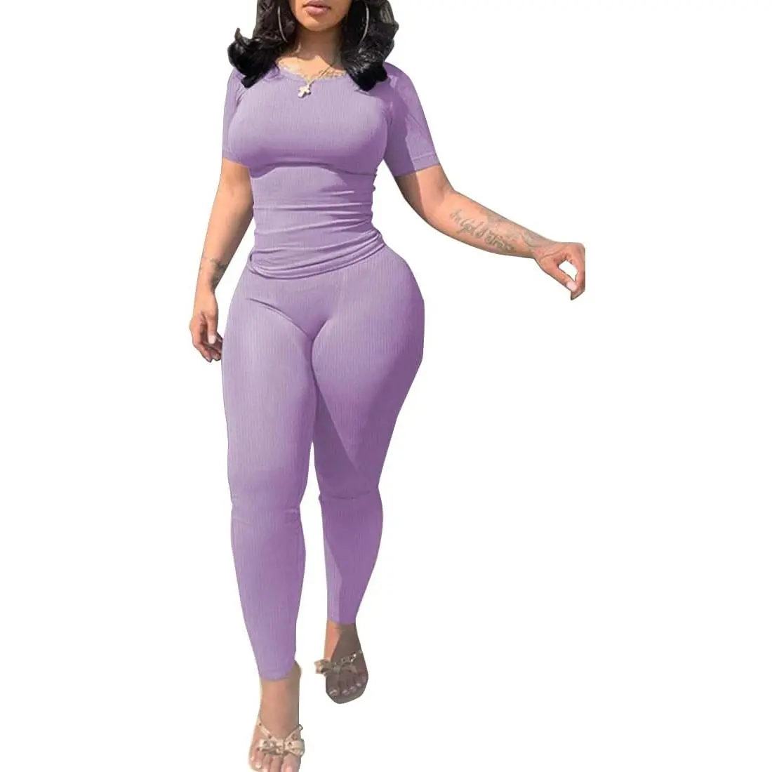 Women's 2-Piece Athleisure Sportswear Set, Solid Fitted Workout Outfit with Crew Neck T-Shirt and High Waist Leggings, 2 Piece Sets, Athleisure Workout Set, Sports Jogging Set