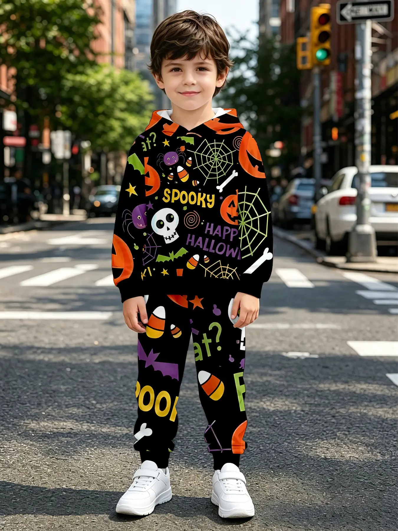 Halloween Boys' Fitted Hoodie Set, Base Pumpkin Skull Spider Web All over Print, Soft Comfortable Fabric, Perfect for Festive Gifts