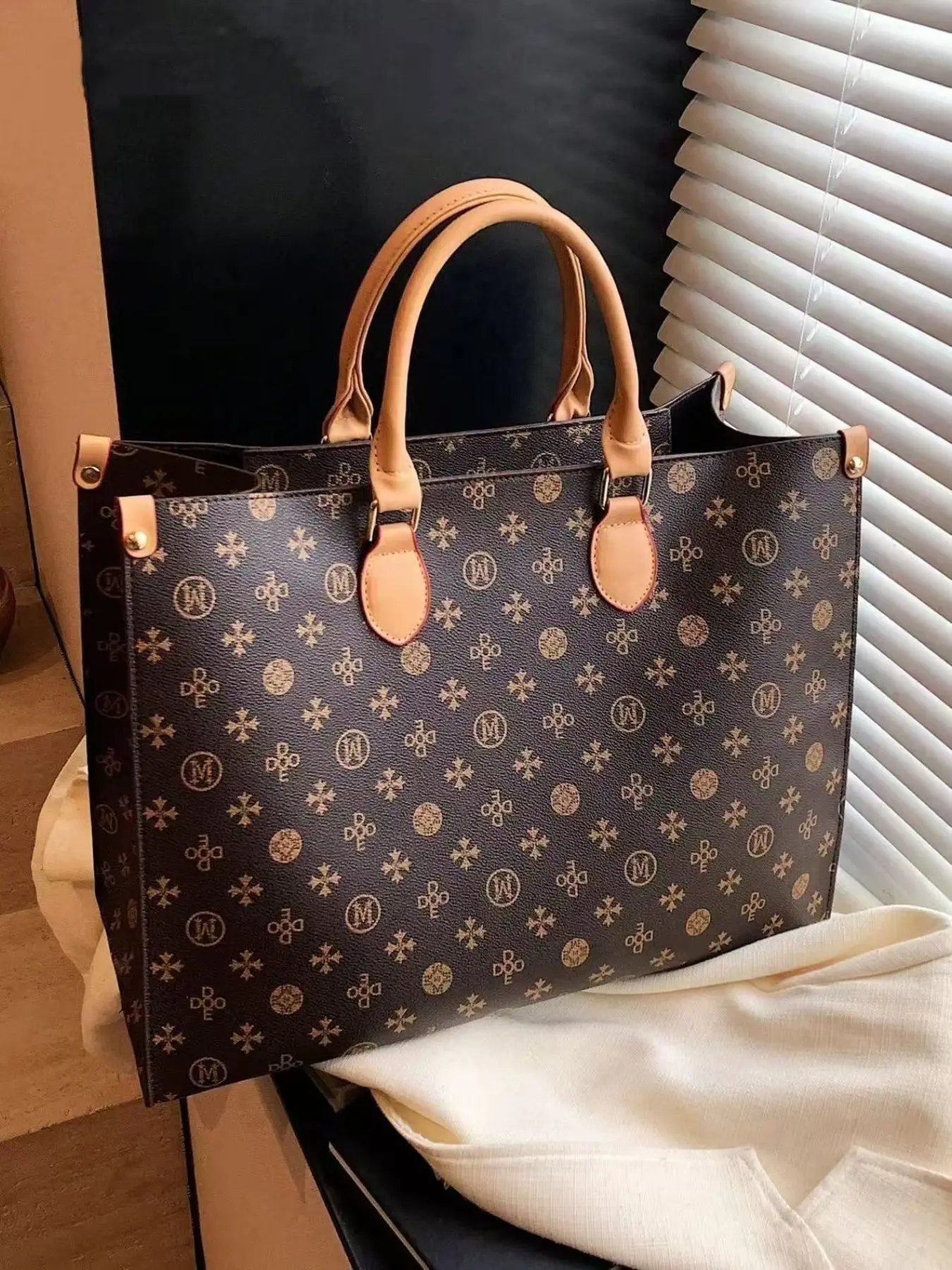 Retro Full Print Monogram Colorblock Large Capacity Tote Handbag, Contrast Camel PU Leather Top Handle Detail Shoulder Bag, Sturdy Structured Shape Fits Laptop, Everyday Laptop Bag, All Seasons Commuter Bag, Versatile Work & Travel Shoulder Bag