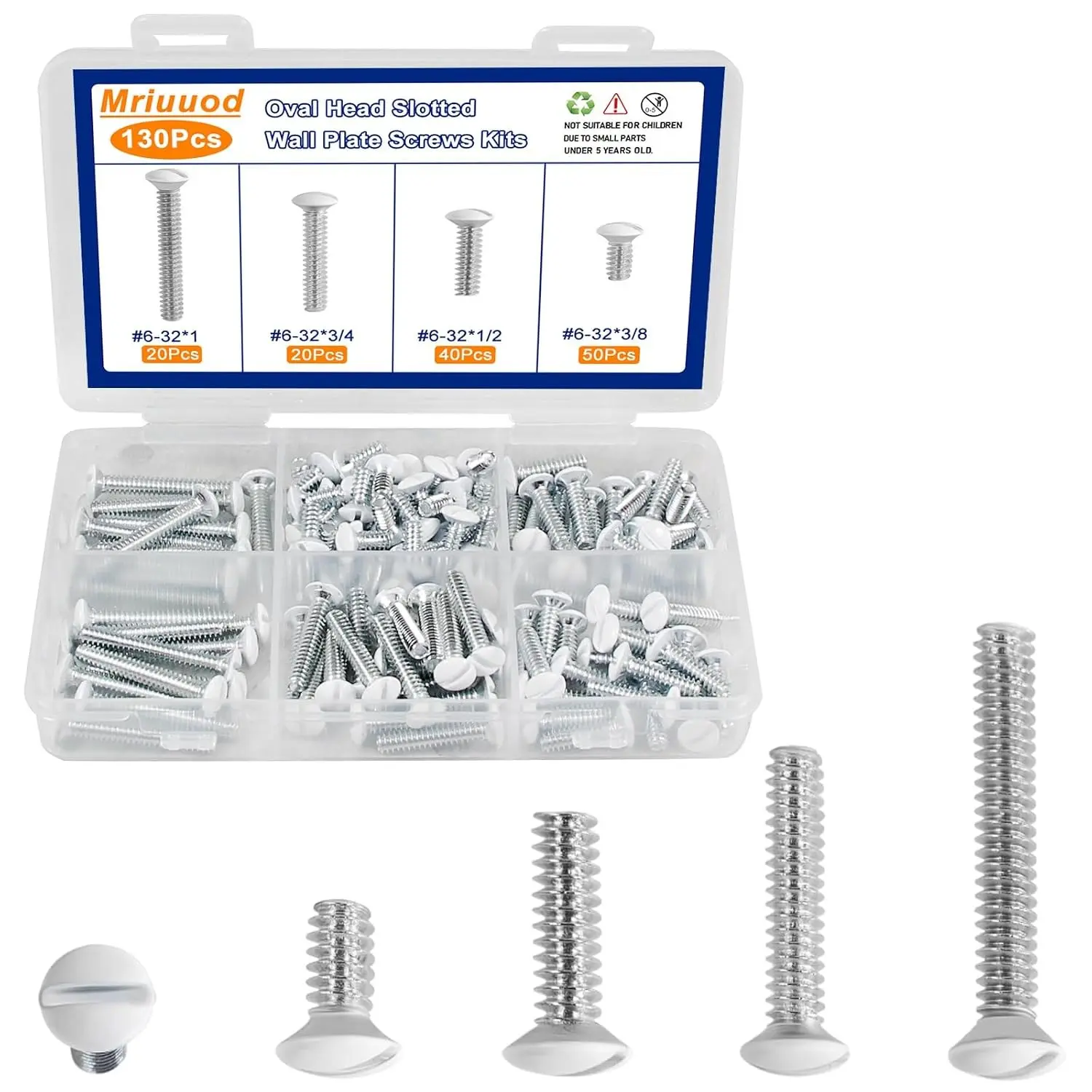 130-Pcs Carbon Steel Slotted Oval Wall Plate Screws Kit, #6-32 Thread Electrical Fasteners with 4 Multi-Length Sizes (3/8", 1/2", 3/4", 1") for Outlet, Light Switch Plates (White Plastic Box)