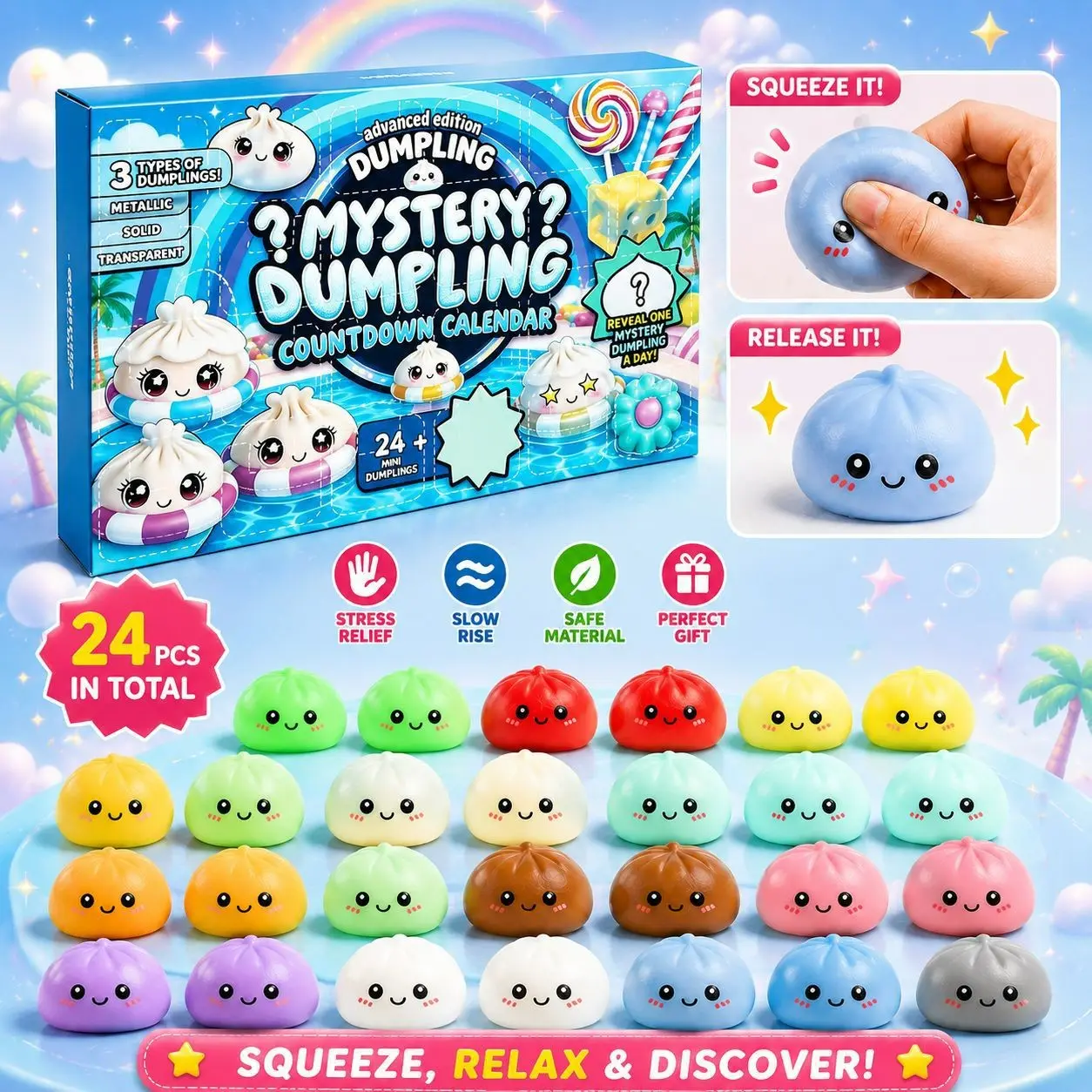 24 Mini Glitter Dumpling Countdown Calendar Blind Box, Dumplings Squishy Mystery, Colorful Stress Relief Toys, Kawaii TPR Fidget, Stress Relief Gadget, Perfect for Parties and Gifts