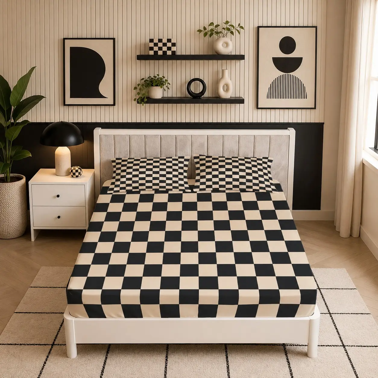3Pcs Minimalist Black Beige Checkerboard Fitted Sheet Set (1 Mattress Fitted Sheet + 2 Pillowcases, Without Pillow Inserts), HD Digital Print Soft Bedding Cover for Bedroom Dorm Farmhouse Home Decor & Holiday Gifts