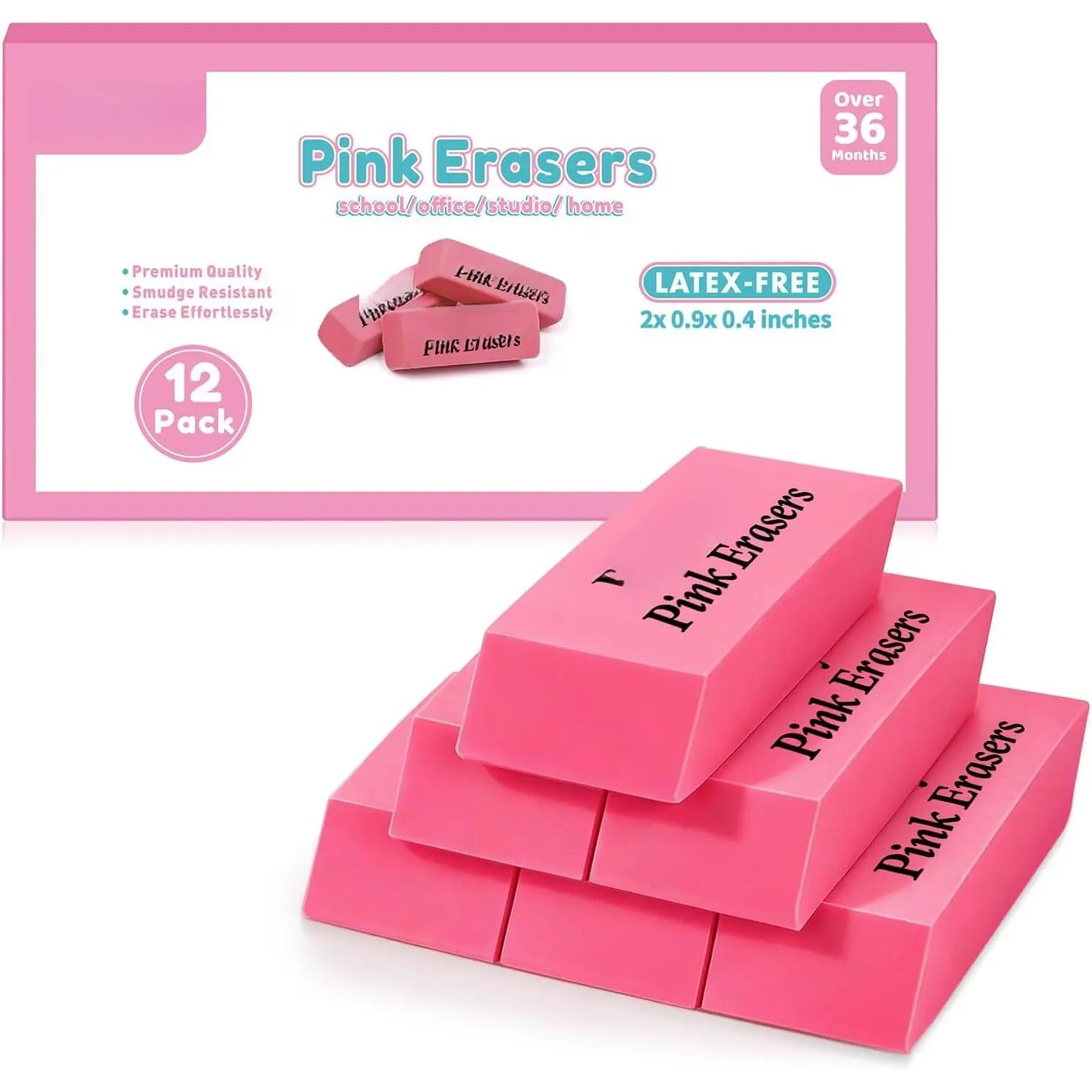 12 Rubber Pencil Erasers Bulk for School/Office, Latex-Free Smudge-Free Soft Bevel Erasers for Students, Bulk School Supplies for Classrooms, Teachers, , Office, Art Class