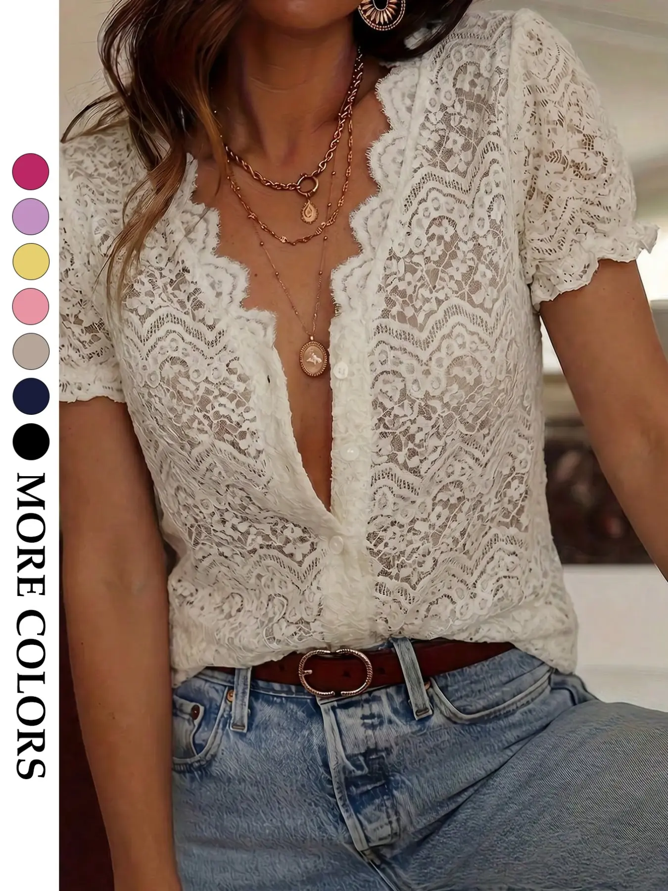 Women's Vintage Country Style Lace Blouse, Soft Breathable Slim Fit Short Sleeve Top, Deep V Wave Edge Bubble Sleeve Button Front Shirts, Casual Blouse Shirt
