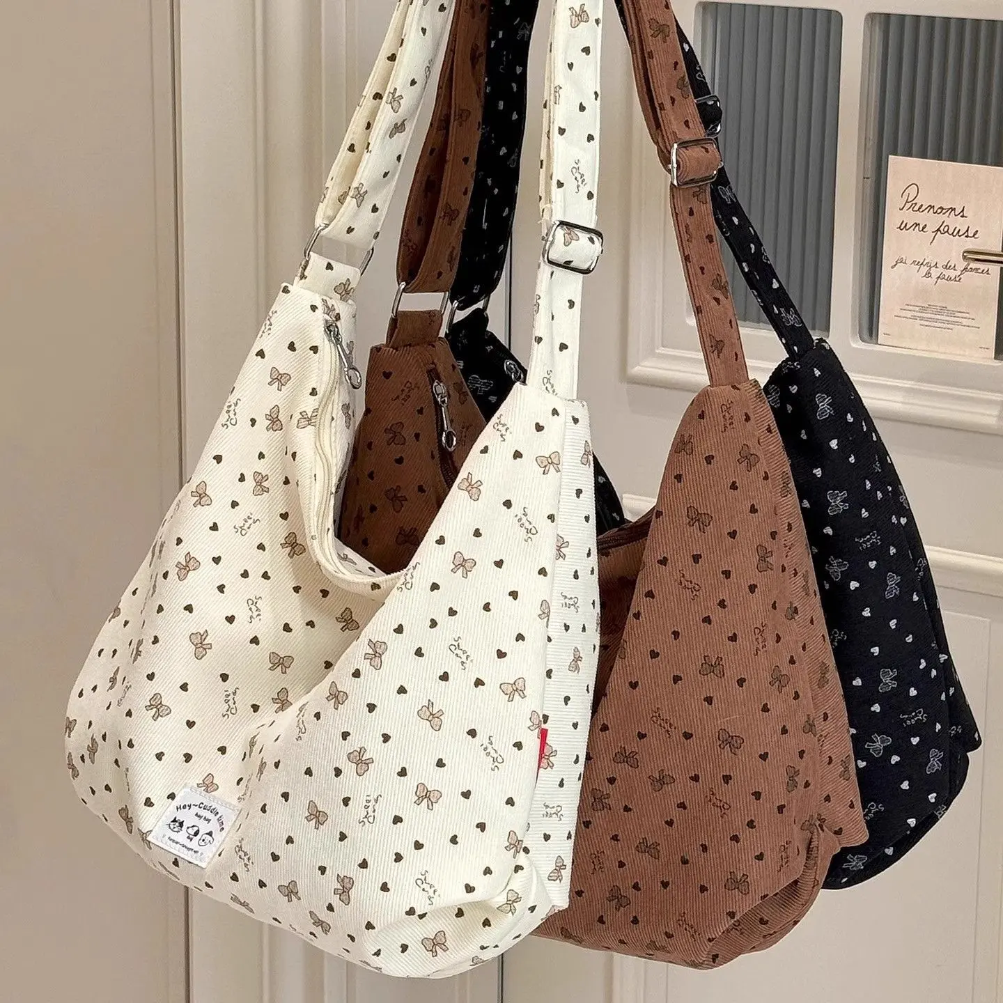 Corduroy Hobo Bag for Women, Casual Graphic Print Purses Crossbody Bag with Adjustable Strap, Large Capacity for Daily Commute, Crossbody Bags For Women
