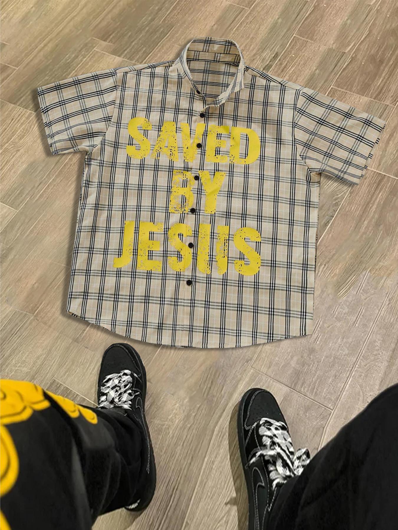 Men's Letter Print Short Sleeve Button Front Shirt, Regular Fit Casual Street Soft Comfy Collared Top for Daily Wear, Men's Clothes for All Seasons, Casual Trendy Shirt