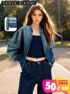 women's denim aviator jacket without stretch, casual fashion chic outerwear, stylish ladies' coat for daily wear & outdoor activities