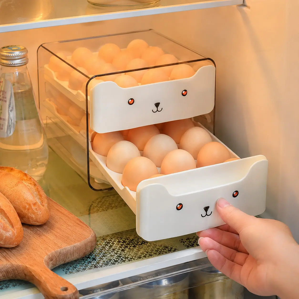 2pc Refrigerator Egg Storage Box, Drawer-Style Large Capacity Food Grade Freshness Egg Rack, Stackable, Transparent, Space-Saving, Easy Clean, Durable, Fridge Organization