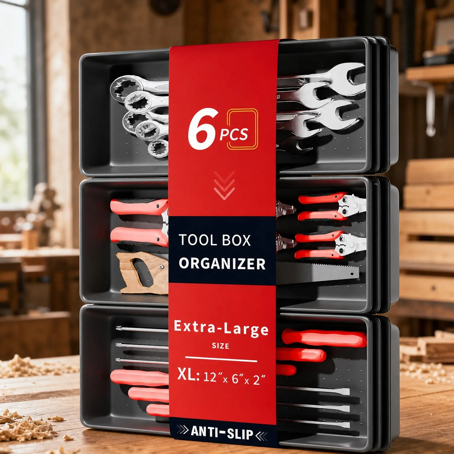 6 PCS Extra-Large Tool Box Drawer Organizer Trays with Non-Slip Pads, Heavy-Duty Storage Bins for Rolling Tool Chests, Garage Drawers, Truck Toolboxes, and WorkbenchesGift