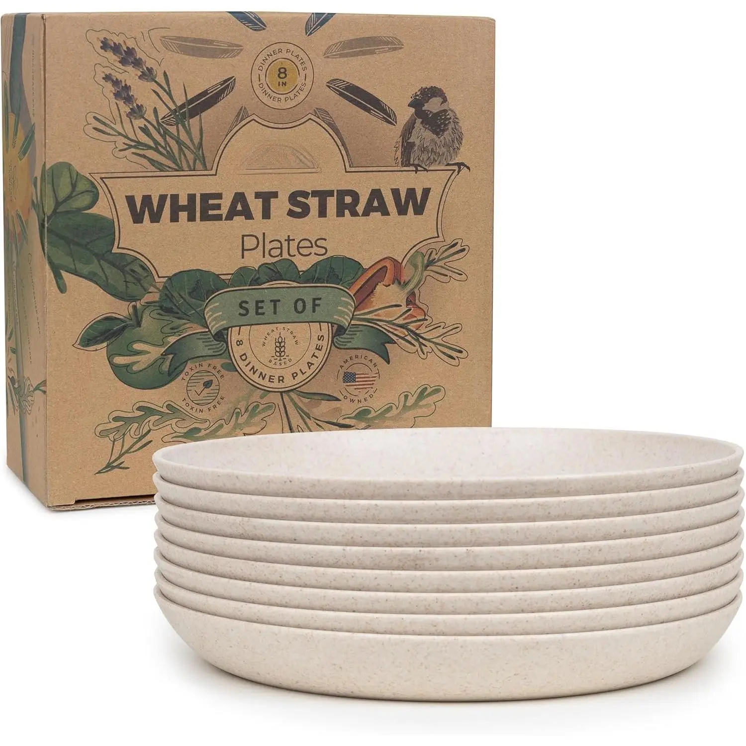Wheat Straw Plates - 8 Inch  Hard Plastic Dinner Plates Set of 8 - Unbreakable Microwave Safe Plates for Dessert, Camping, RV, Outdoors, Patio, Kitchen Dishes - Sahara