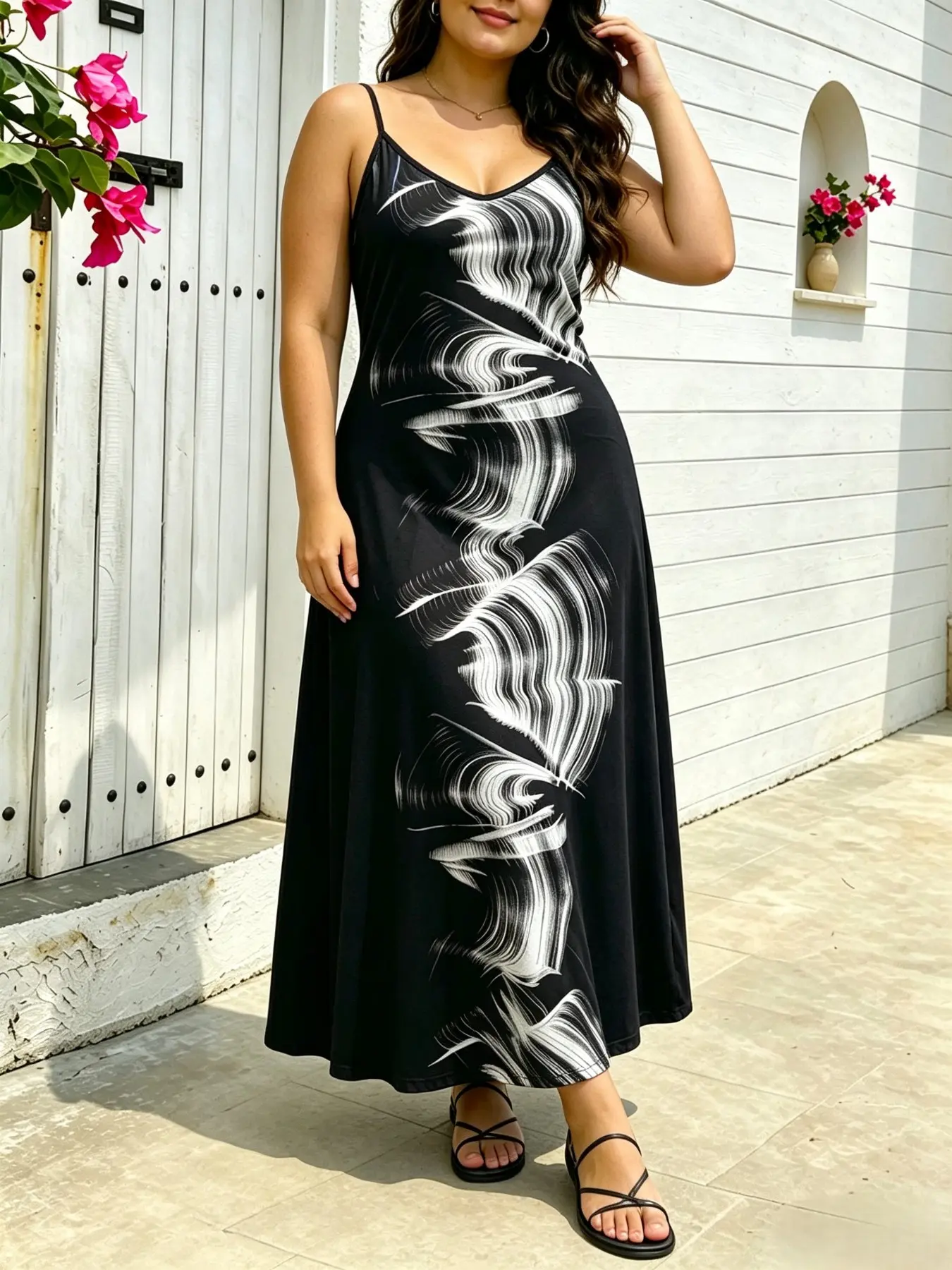 Abstract Wave Print Halter Dress, Fashion Sundress, Slimming Comfortable Daily Summer Casual Vacation Long Dress, Plus Size Fitted Style