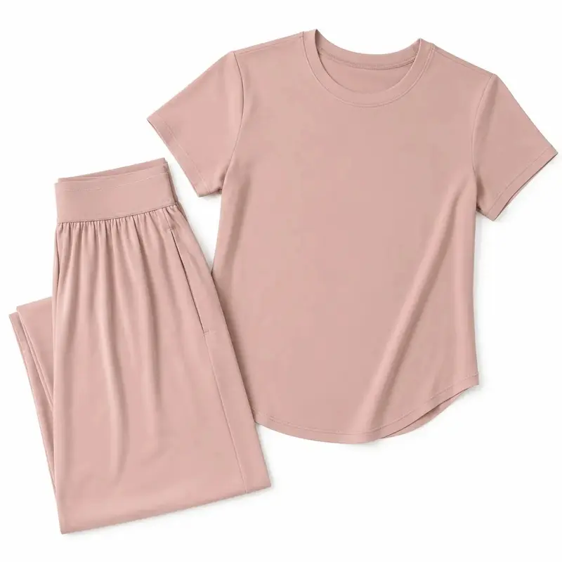 Women Dusty Pink 2 Piece Loungewear Matching Set, Crew Neck Short Sleeve Curved Hem T-Shirt + High Waist Elastic Pleated Wide Leg Pants With Side Pockets Soft Stretchy Knit Casual Daily Outfit