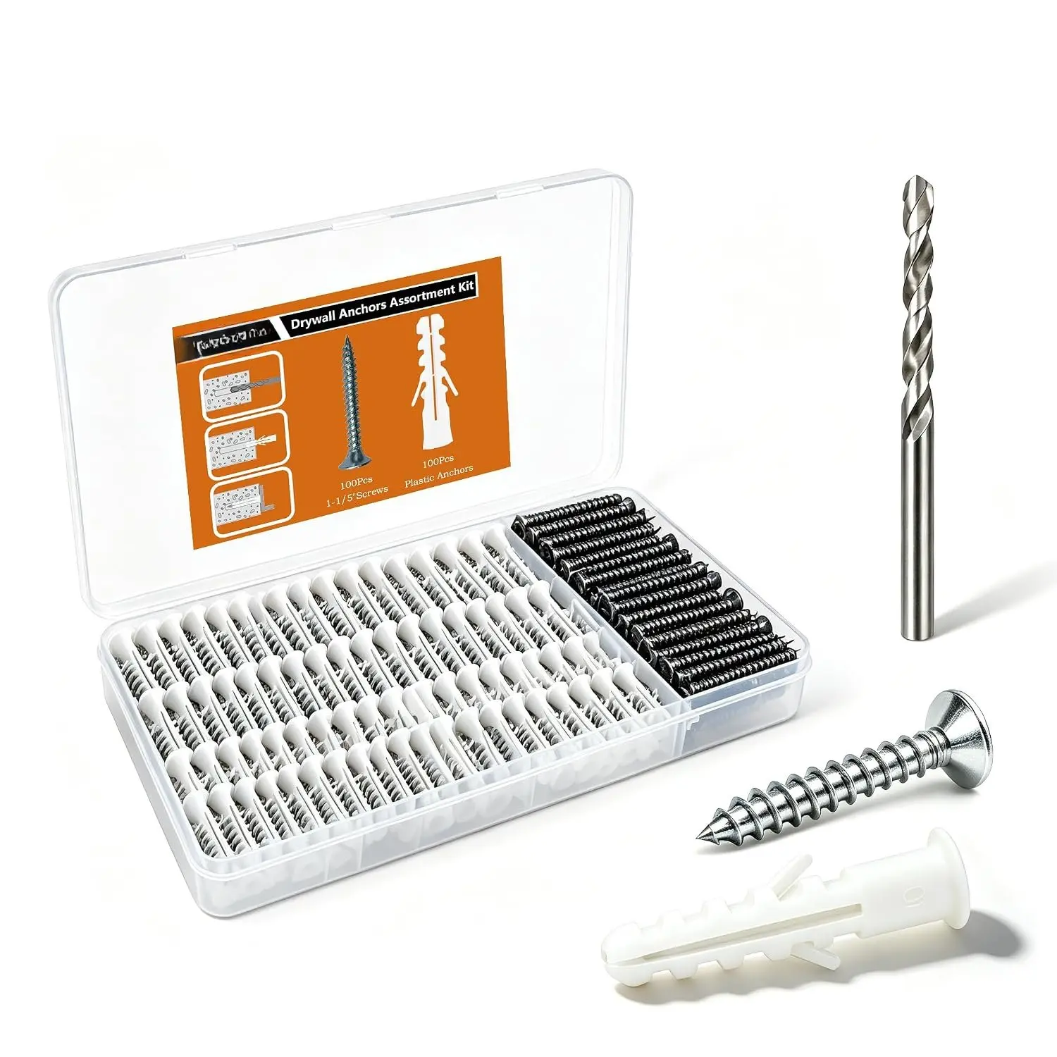200 count Drywall Anchors and Screws Kit, 100 count Ribbed Plastic Wall Anchors with 100 count 1-1/5" Screws & Drill Bit, Heavy Duty Anchors for  Pictures, Shelves,  Mounting