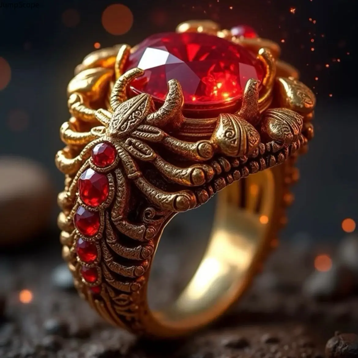 Male Gothic Style Scorpion Motif Ring with Red Ruby Cubic Zirconia, Antique Gold-Plated Wide Band, MDF+Steel Biker Statement Jewelry for Unique Gifting, Dark Gothic, Biker Wear