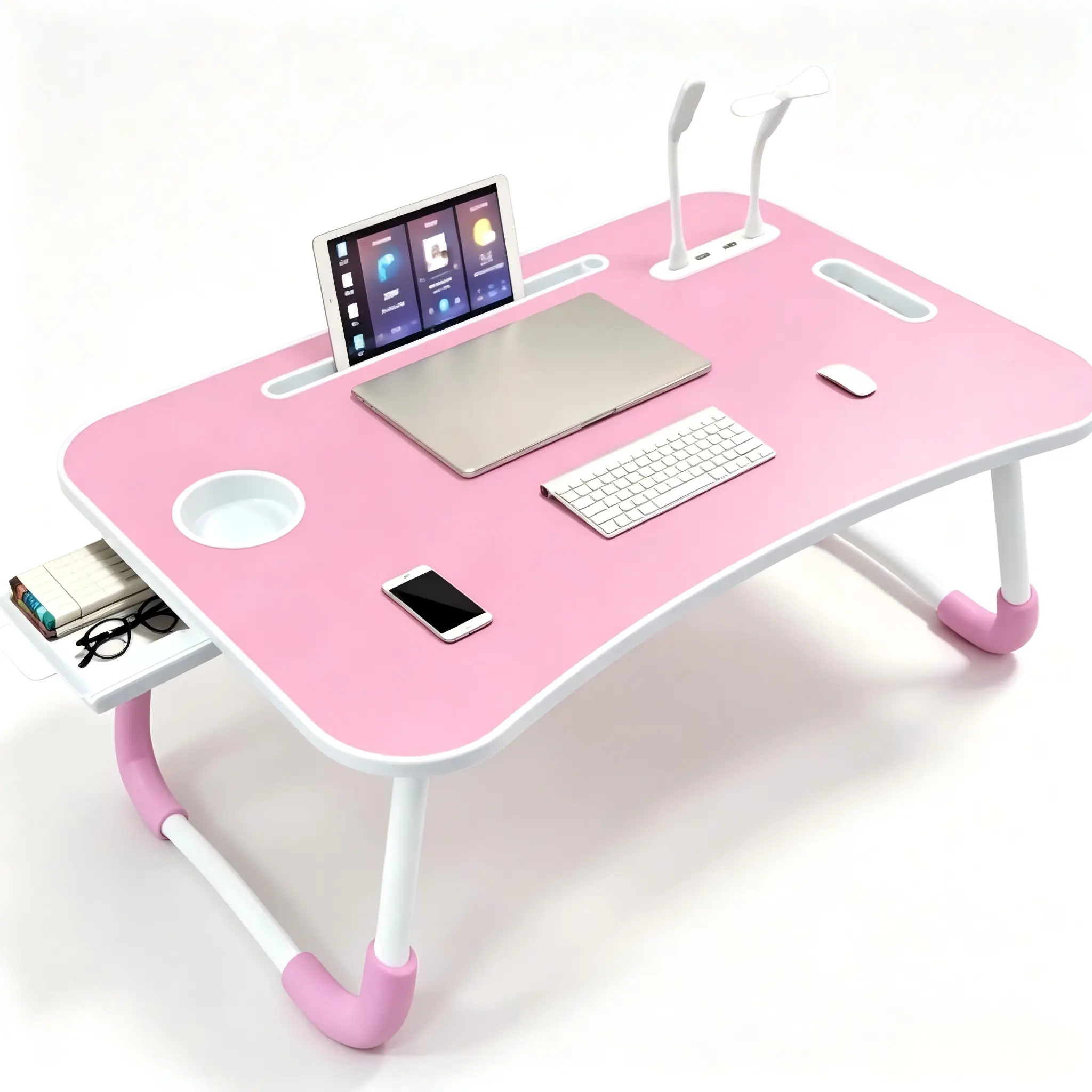 Folding Lap Desk with USB Charge Port, Desktop Card Holder, Cup Holder, Anti-Slip Feet, 23.5x15.7 in Particle Board Laptop PC Desk for Makeup Application, Working on Couch, Laptop Pc Desks