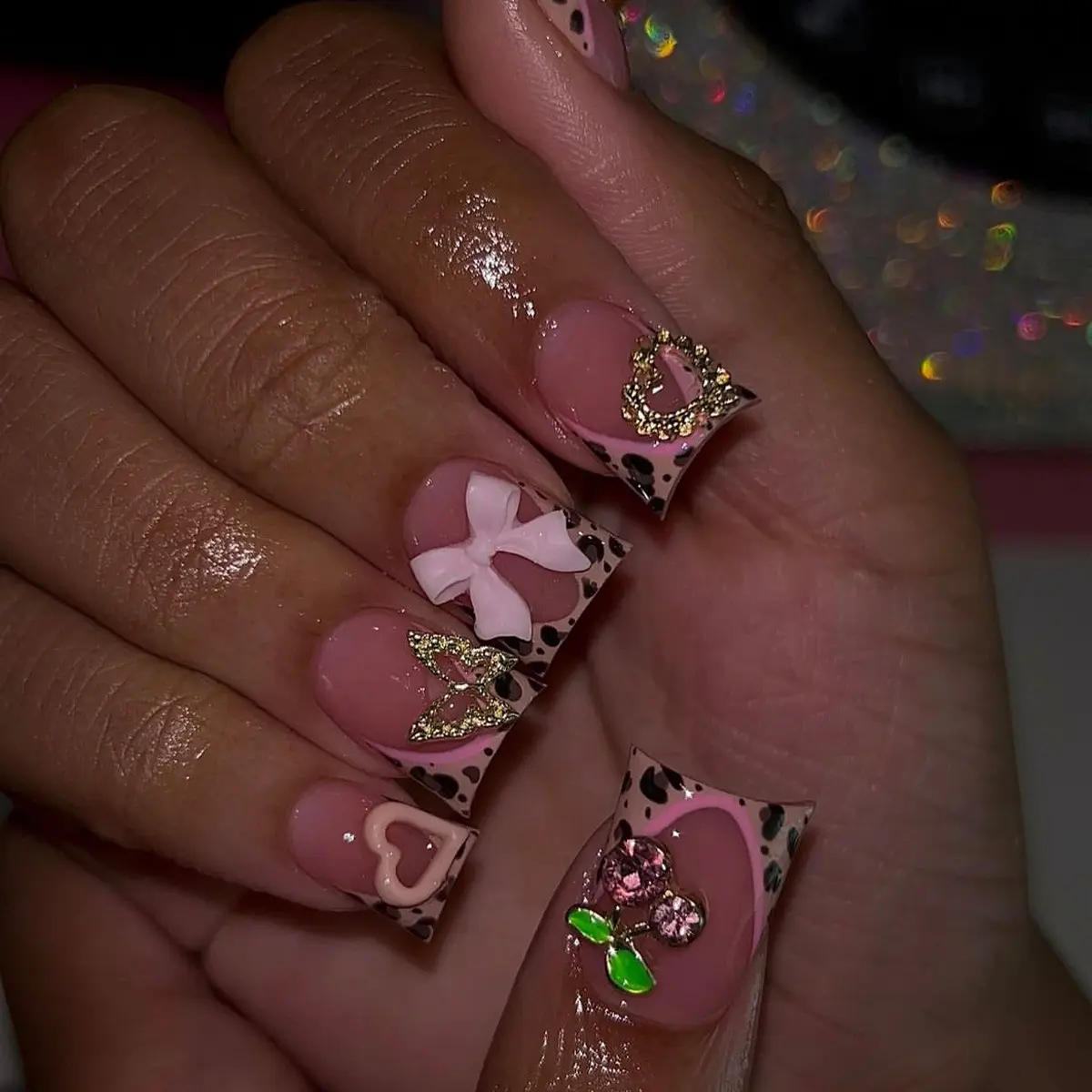 Pink Leopard Press On Fake Nails - Trendy Square French Tip, 3D Bow Heart Butterfly Cherry Charms, Sparkling Gold Glitter Design, Reusable Easy-Apply for Party, Date Night Manicure summerwins, Press On Nails