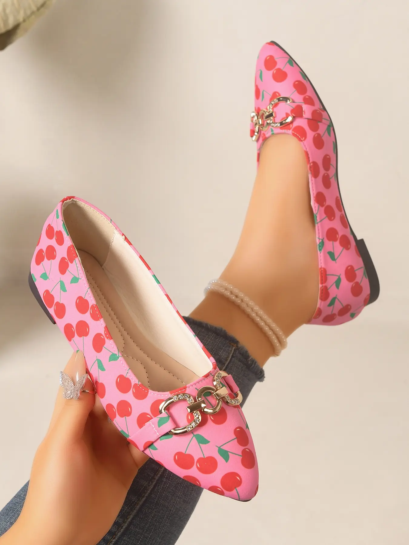 1 Pair Women's Cherry Print Pointed Toe Flats, Sweet Metal Buckle Soft Sole Shoes, Cute Casual Footwear for Dates & Daily Outings