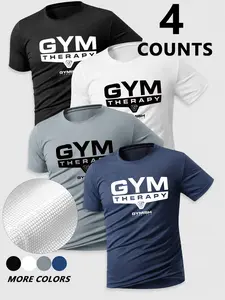 4-Pack Short Sleeve T-Shirts, Gym Training, Weightlifting, Sporty Casual, Gym Therapy Print, Breathable Quick-Dry Mesh, Unisex