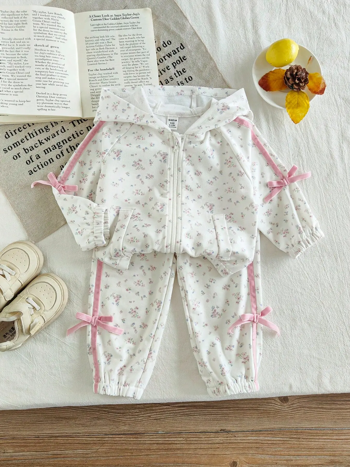 Girls Floral Hooded Set, Side Bow Tie Top + Drawstring Sweatpants, Korean Style Casual Fashion, Baby Girl Trendy Clothing