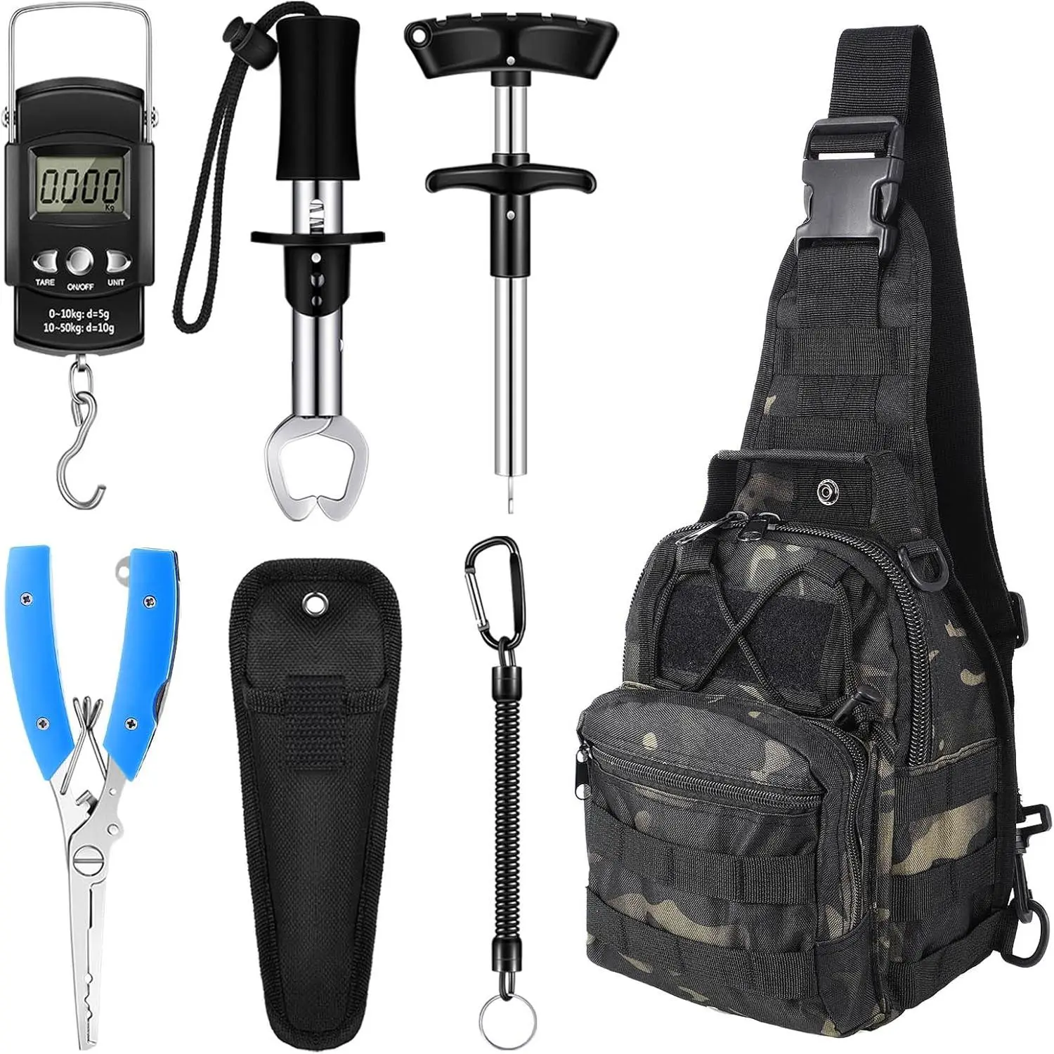 7-Piece Sling Fishing Backpack Tool Kit for Men with Pliers, Digital Scale, and Fish Gripper, Saltwater & Freshwater Angling Gift