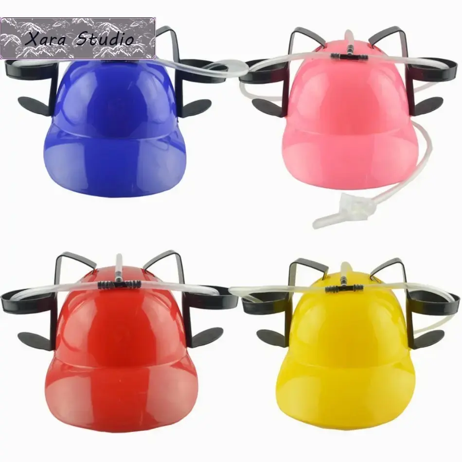 Red Drinking Helmet Headband - Solid Plastic Drinking Gadget with Hands-Free Dual Can Holders & Straw, Fun Prop for Birthday Parties, Universal Size Fashion Accessory, Drinking Gadgets, Hat