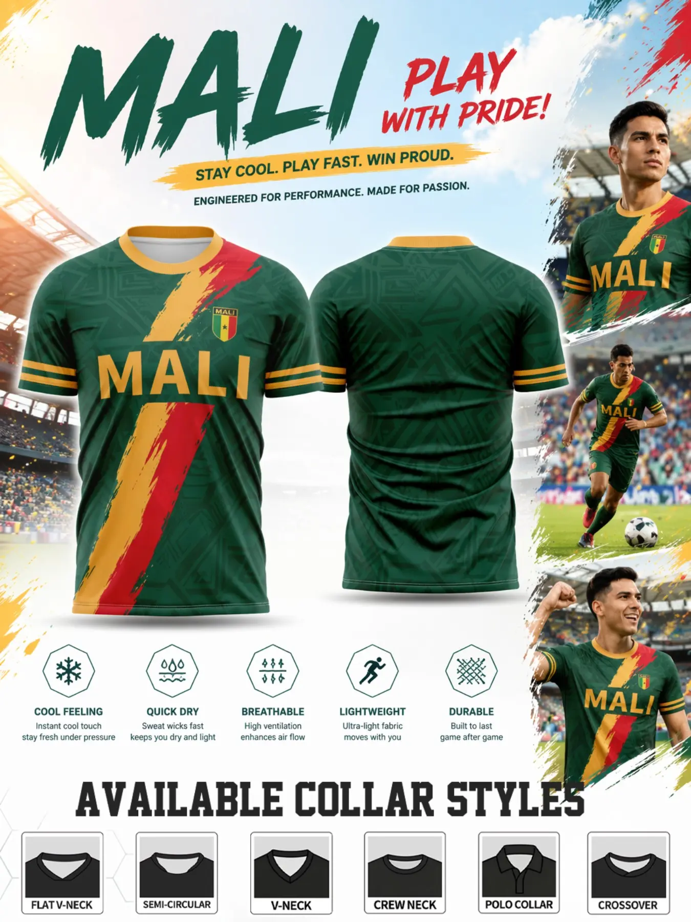 Mali Theme Soccer Jersey, Deep Base with Diagonal Stripes, Cool Fast-Dry Fabric, Multiple Neck Styles, West African Team Style
