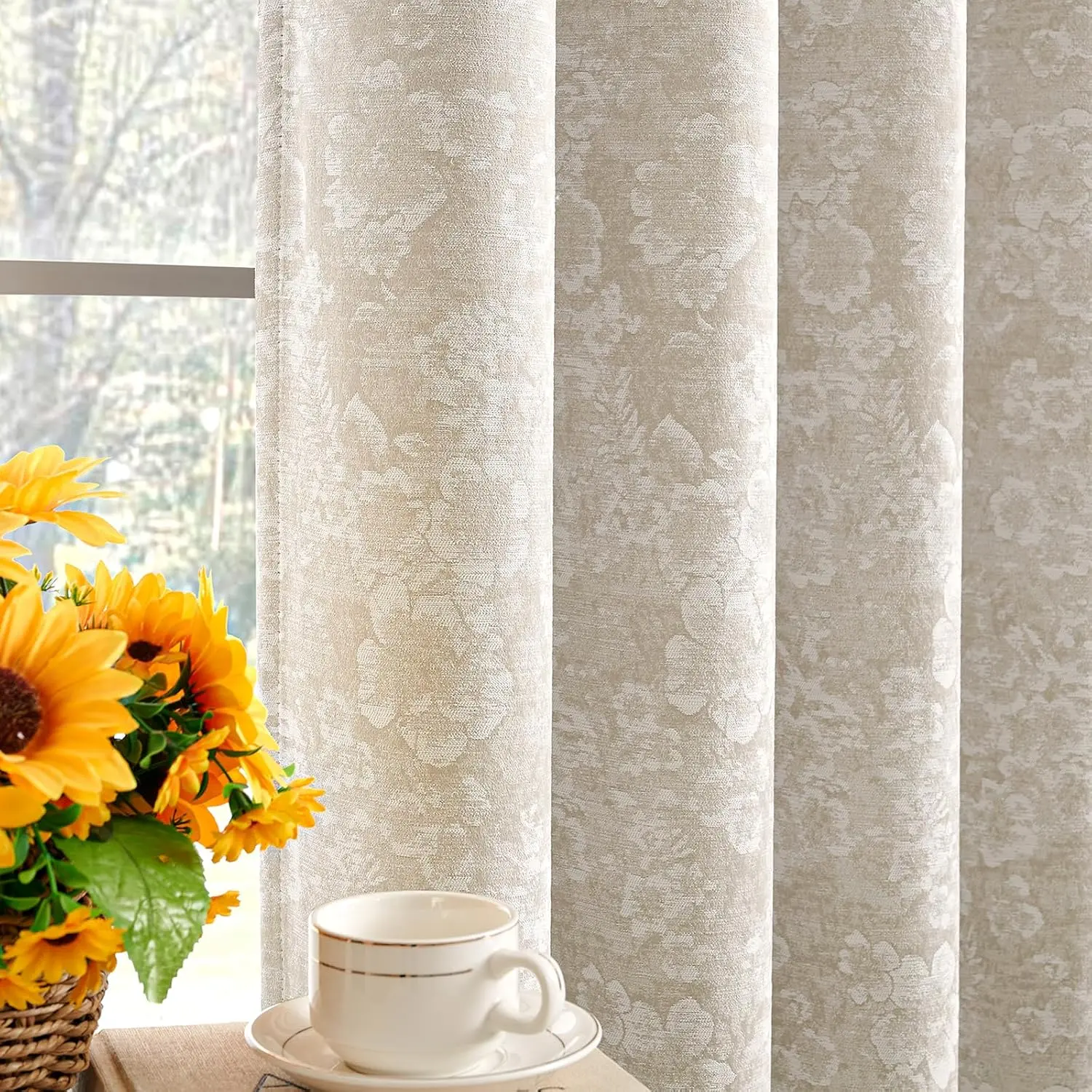 Blackout Curtains, Dusty Beige, 52" W x 84" L, 2 Panels | Floral Jacquard Chenille Heavyweight Drapes, 95% Room Darkening Grommet Black out Curtains,bedroom & Living room Curtains