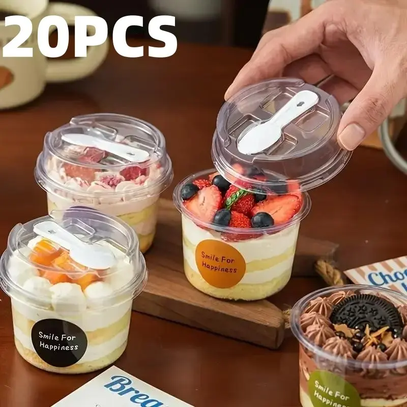 20 Sets Round Transparent Plastic Lid Packaging Box with Spoon, Ideal for Cookies, Fruit Ice Cream, Mousse Cake, Yogurt Cups, Dessert Containers