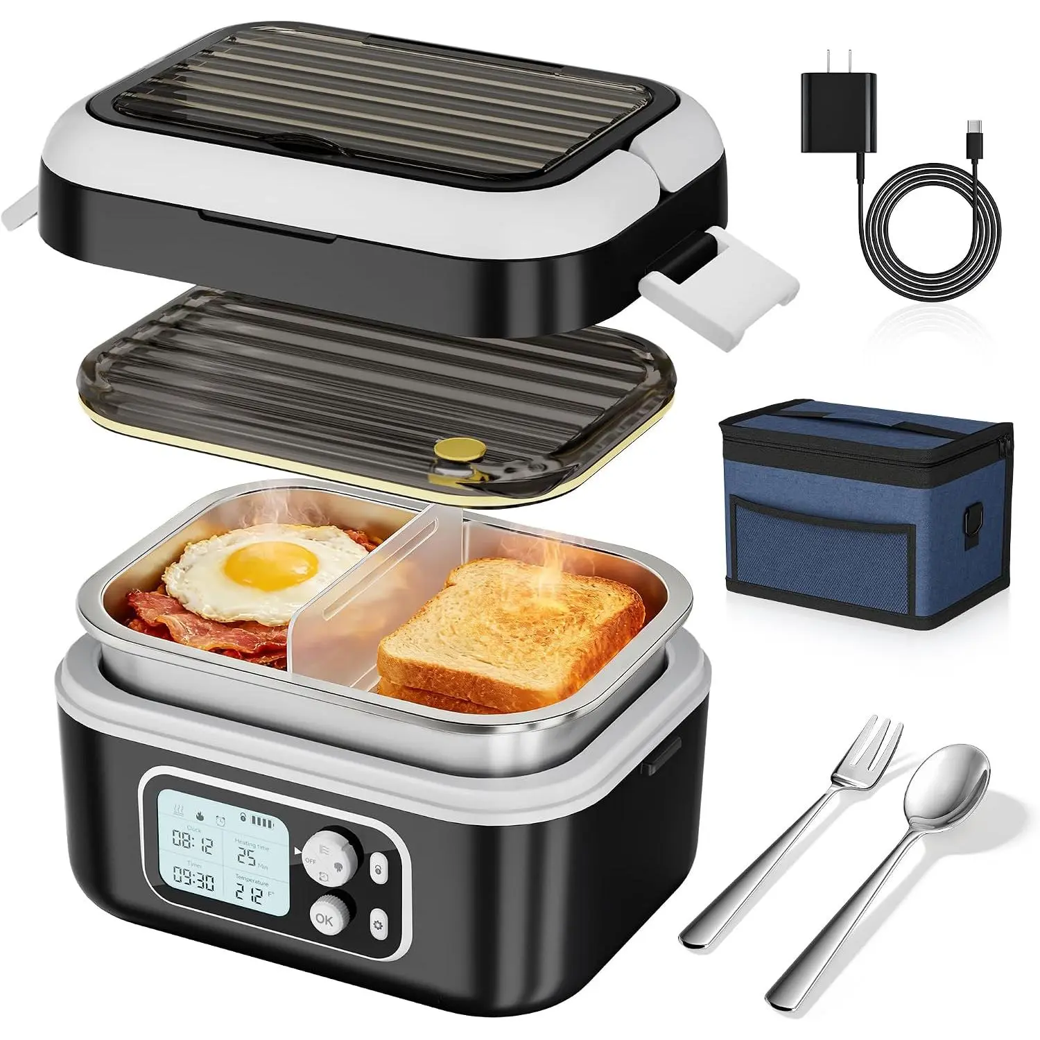 Heated Lunch Box, Cordless 24000mAh 100W Electric Lunch Box with  Timer, 6.3-Cup Super Large Lunchbox for Men & Women, Portable  Warmer with Insulated Bag for Outdoor/Office, Black