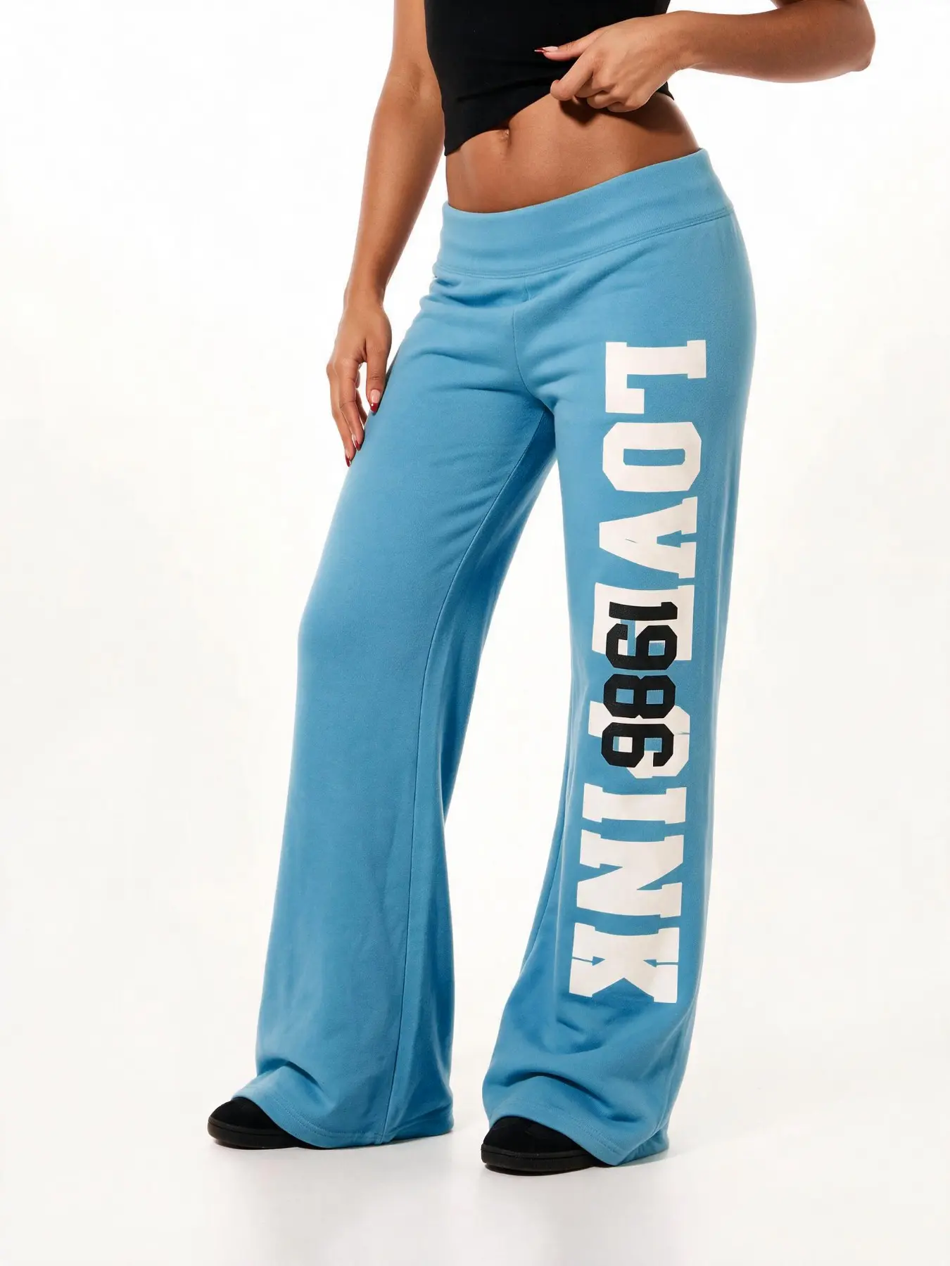 Women Light Blue Flared Bootcut Sweatpants, Side Vertical Bold Large Letter & Number Graphic Print Loose Y2K Streetwear Casual Trousers For Daily Going Out