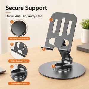 Adjustable Tablet Stand, 360° Rotating Foldable Phone Holder, Portable Compact Desktop Metal Stand for iPad, iPhone, Tablet and Smartphones