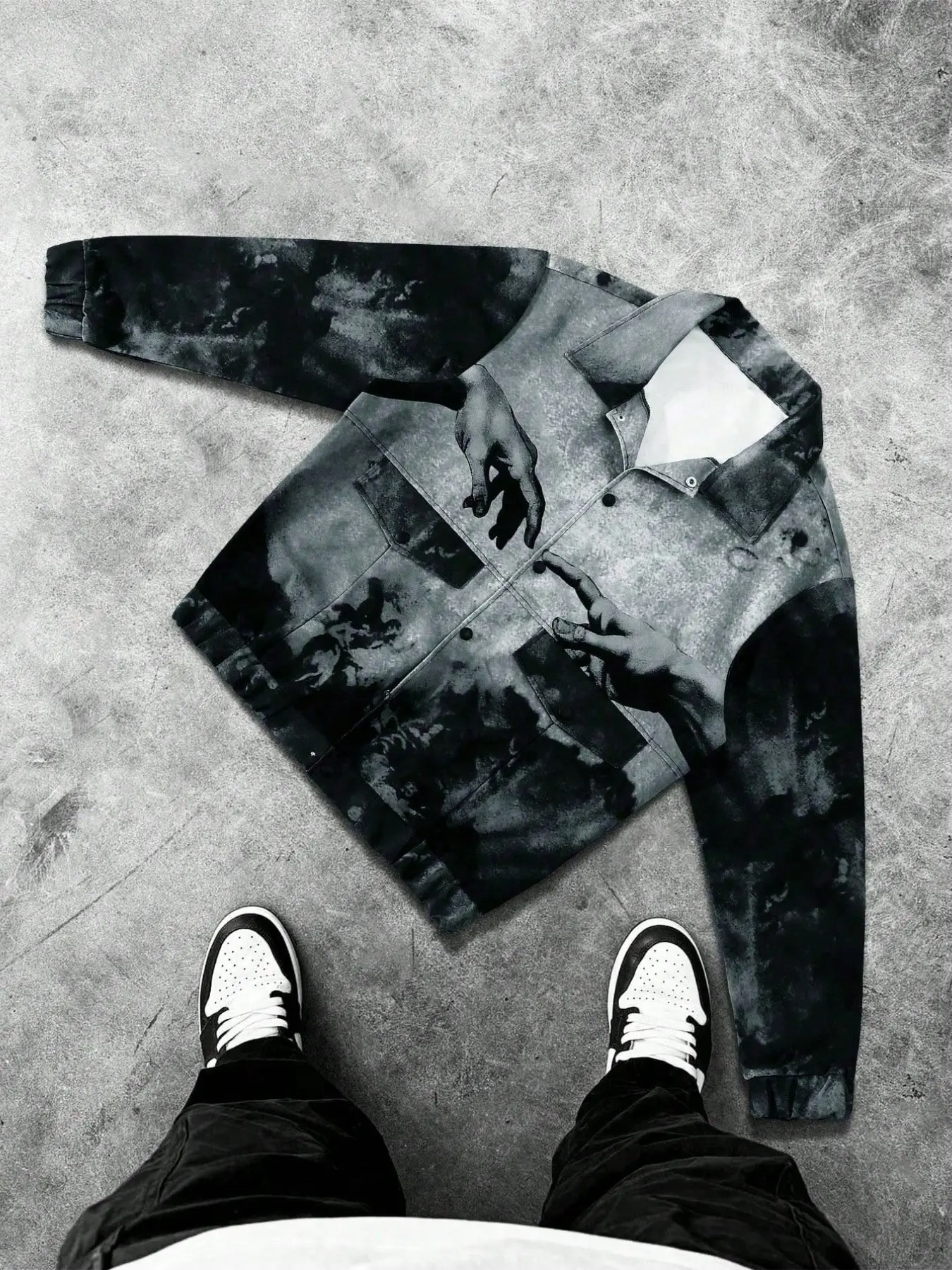 Watercolor gradient double-sided printed work jacket, Vintage retro distressed tie-dye coat, unisex autumn and winter street style.