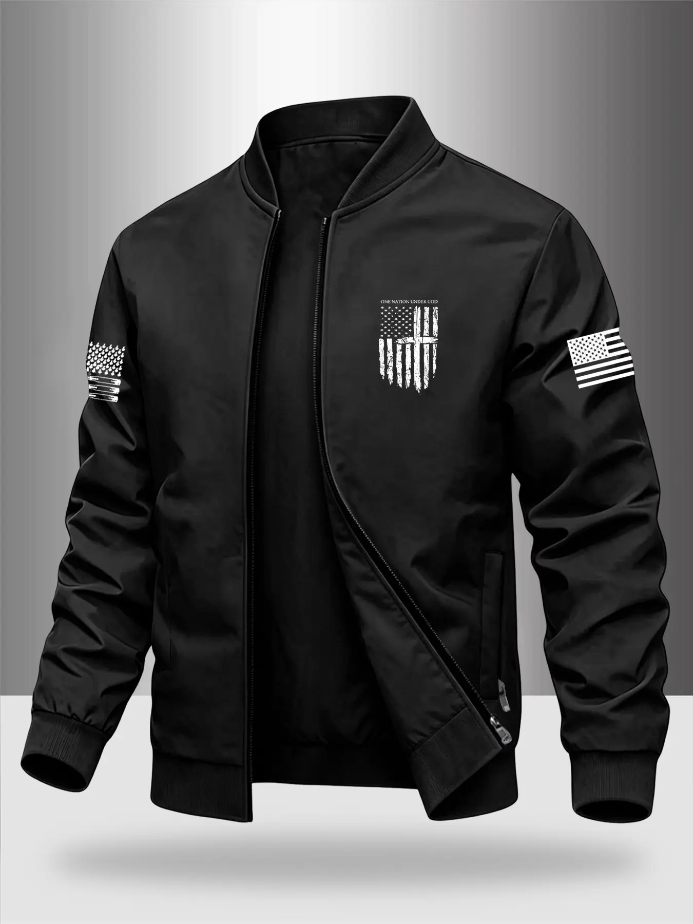 Men's All-Season Vintage Flag Cross Baseball Stand Collar Jacket, American Patriotic Zipper Pilot Coat, Stain-Resistant, Versatile, Casual Zipper Outerwear