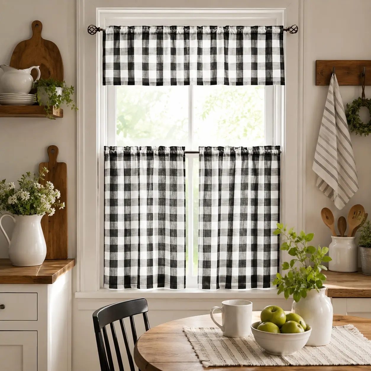 SoftHaven Home Made in USA Plaid Kitchen Curtain Set - 1/2/3-Piece Rod Pocket, 100% Polyester, Black/Tea Gray/Red Plaid, Farmhouse Light Filtering Small Window Black Curtains for Home & Cafe, Window Curtains