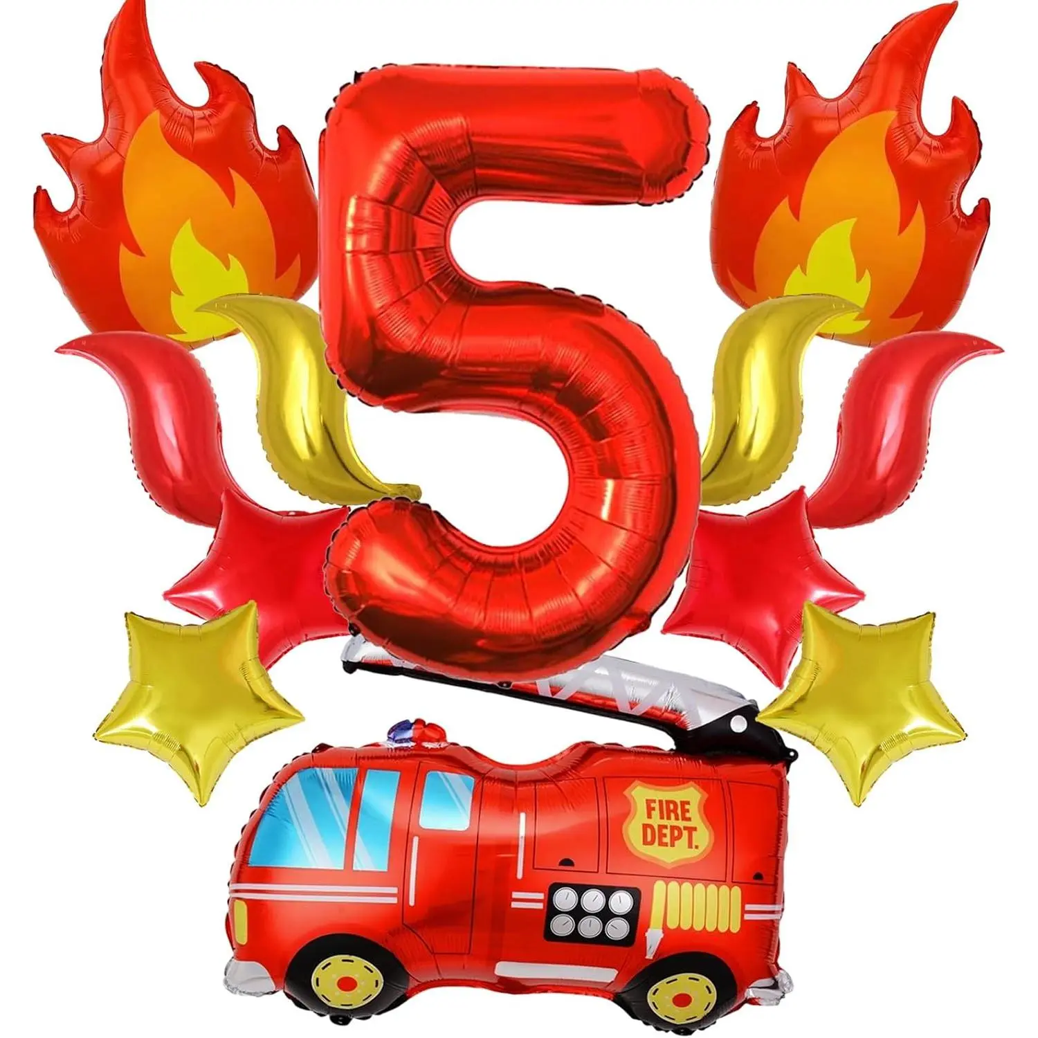 Firefighter Birthday Party Decorations – 13 count Fire  & Flame Balloons Set with Stars, S-Shapes & Number 5 Foil Balloons for 5th Birthday Party Supplies