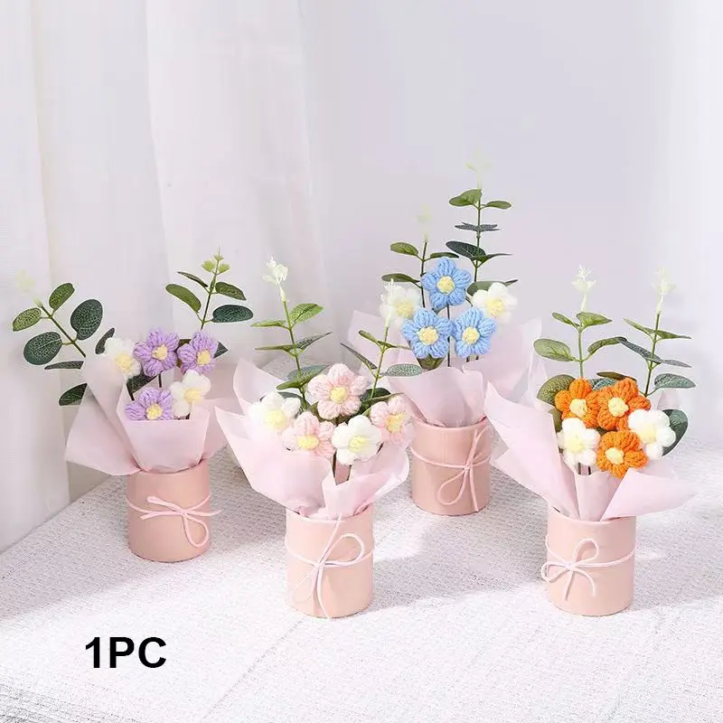 Crochet Flower Bouquet, 1 Set Handmade Woven Yarn Artificial Flower Bouquet Faux Rose Bouquet Suitable for Gifts for Mom, Friend, Anniversary Gifts Crochet Flowers Bouquet