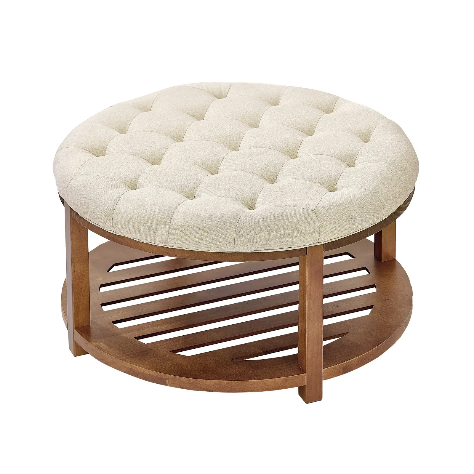 VEVOR 31.9 Inch Large Round Tufted Ottoman Coffee Table, Modern Linen Upholstered Footrest with Solid Wood Storage Shelf, 350 LBS Capacity for Living Room, Study, Minimalist Decluttering Solution, Coffee Tables