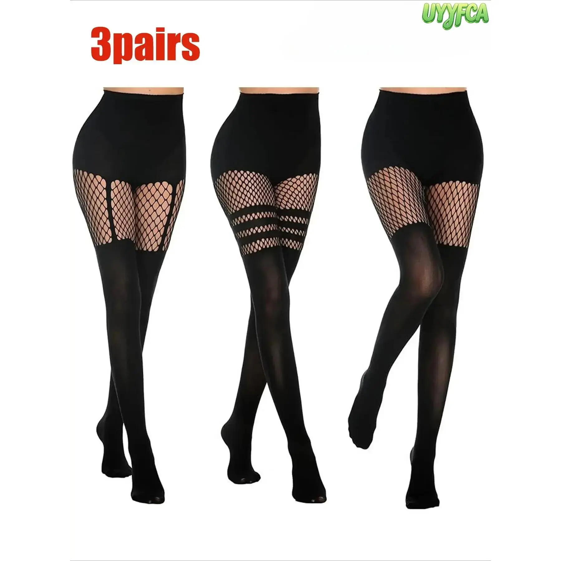 Women's Goth Fishnet Tights, 3 Pairs Striped Mock Over-the-Knee Faux Suspender Style, High Elasticity for Daily Wear tiktokshopbacktoschool