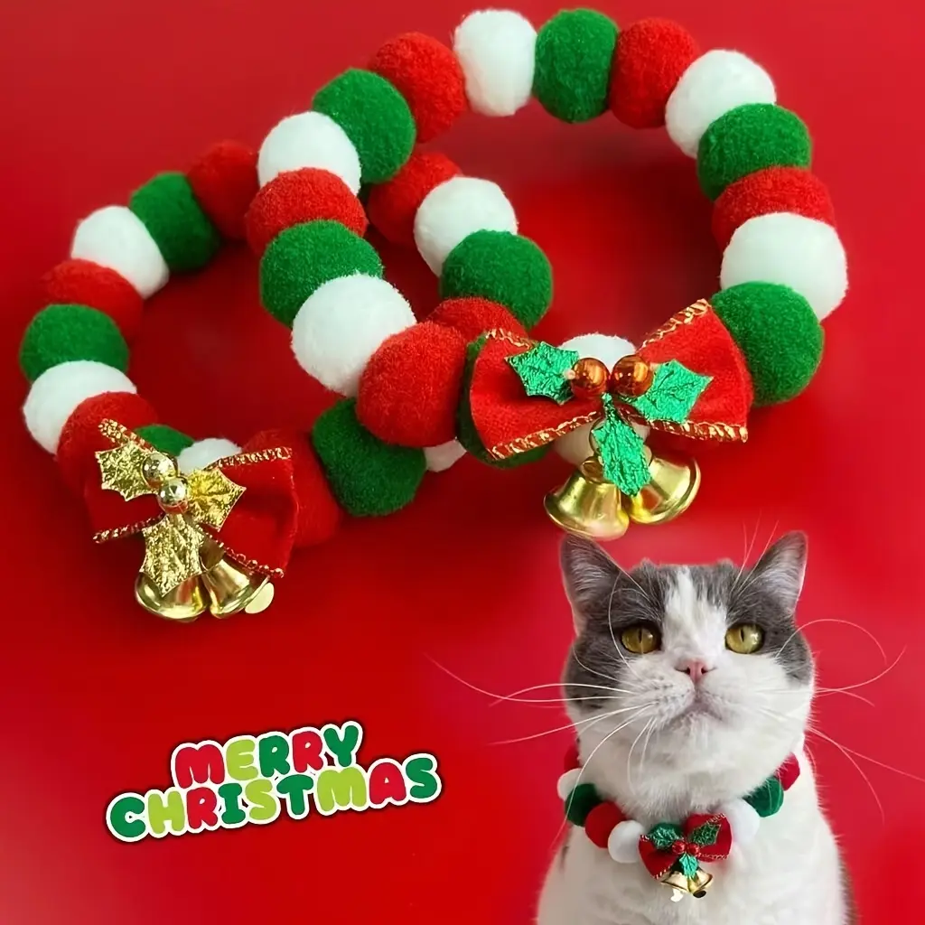 Christmas Bell Long Plush Ball Pet Collar Winter Christmas Party Pet Dog Cat Clothing Accessory, Without Battery