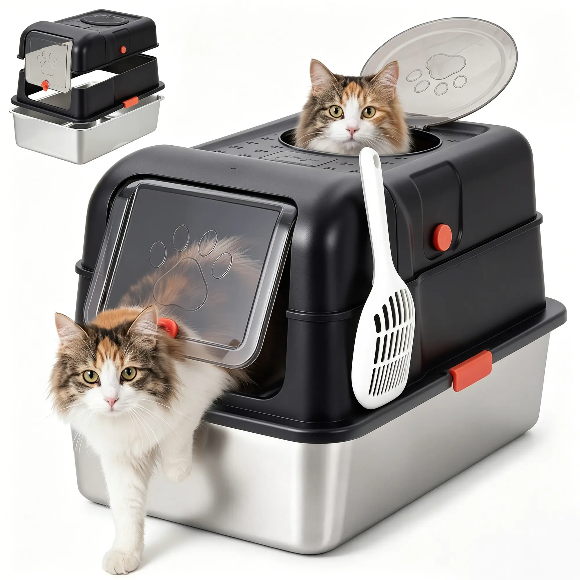 XL Stainless Steel Cat Litter Box with Lid, Front Entry Top Exit, High-Sided Enclosed Pan for Multi-Cat & Large Cats