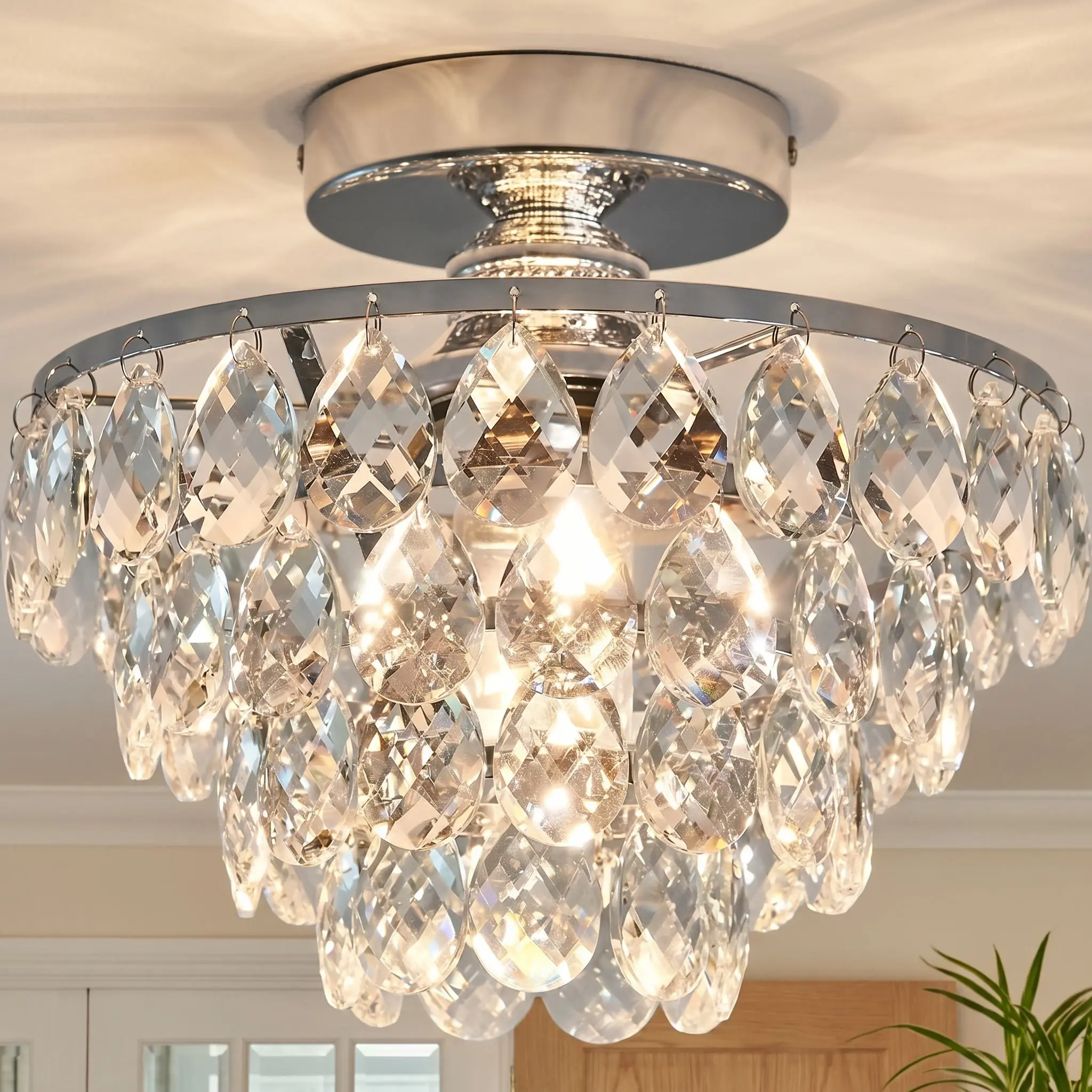 Modern Chrome Ceiling Light, 10-Inch Small Round Crystal Chandelier, Flush Mount E27 Socket Light Fixture Home Decor Lighting for Living Room Dining Room Bedroom Kitchen Foyer Lobby Entryway, Bulbs Not Included