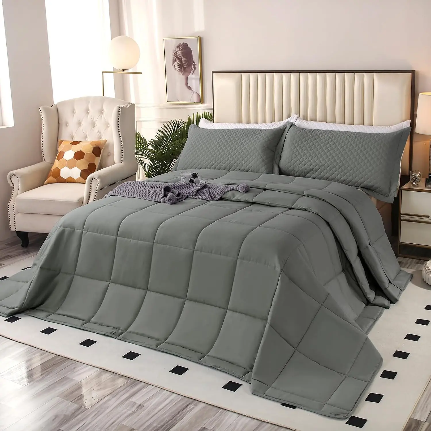Bed Comforter Sets - 3-Piece Oversized 120x120 in California King Lightweight Reversible Down Alternative All-Season Comforter with 8 Corner Tabs, Gray