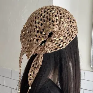 Crochet Sequin Hair Bandana Tie Back Head Scarf • Hollow Out Knit Triangle Kerchief Y2K Baddie Mermaidcore Boho Festival Hair Accessories