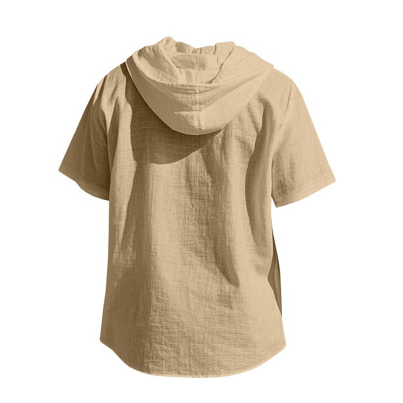 American-style Summer Lightweight Breathable Linen Amekaji Loose-fitting Hooded Men's Short-sleeve Shirt 95% Linen 5% Polyester Casual Menswear