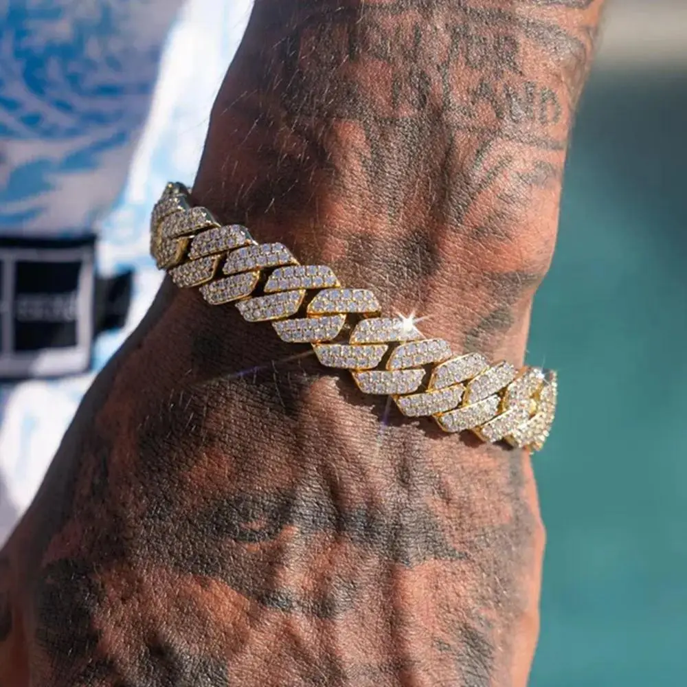 14MM Iced Out Cuban Link Bracelet for Men Women, Prong Set Full Rhinestone Hip Hop Bracelet, Chunky Bling Statement Jewelry with Secure Clasp for Streetwear, Parties, Concerts and Gift Giving