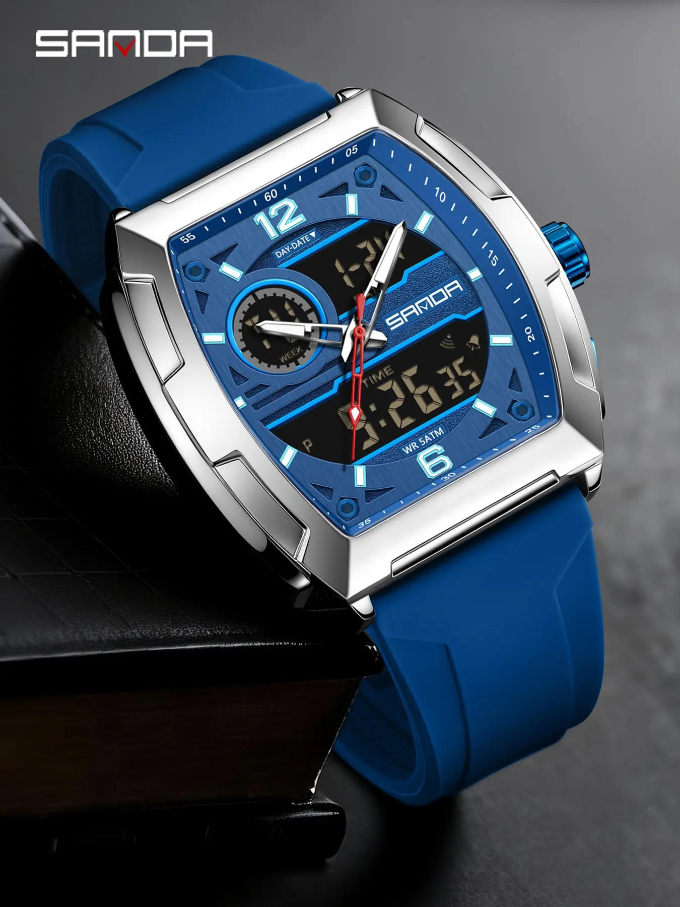 Sanda Men's Tonneau Watch for Teenagers, Big Dial, Waterproof, Multifunctional, Digital Watch, Countdown, 3 Time Zones, Stopwatch, Alarm, Luminous
