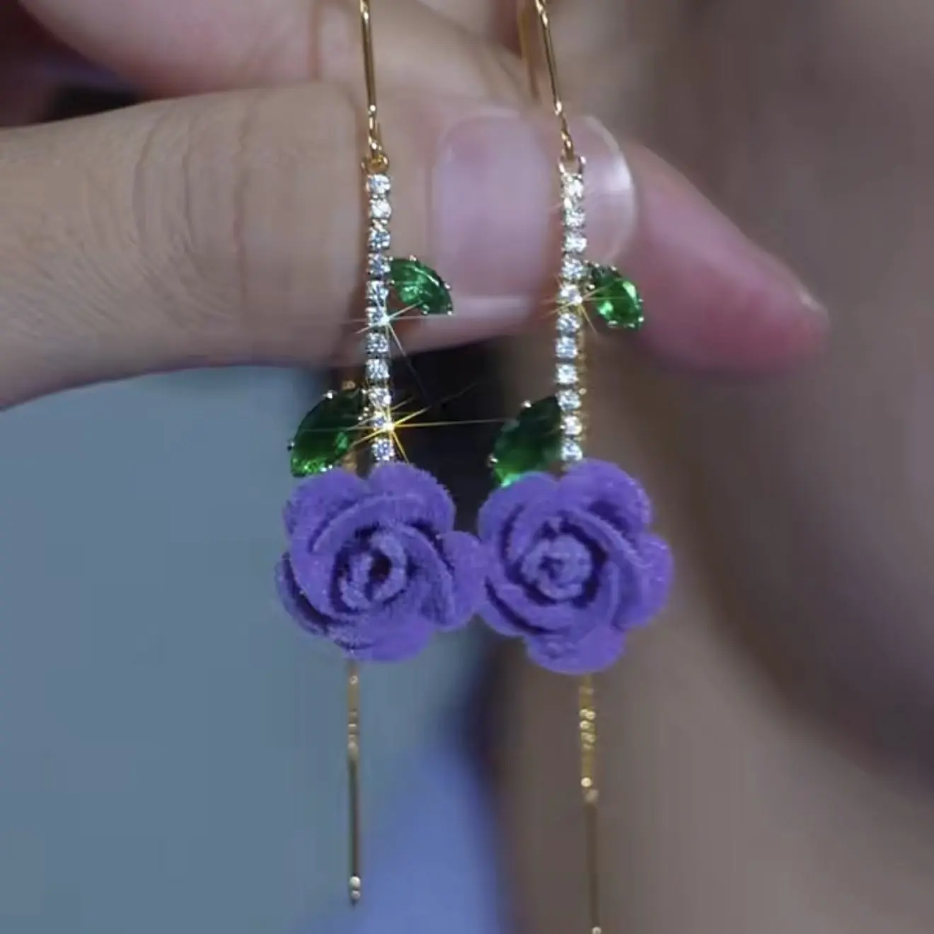 2026 New Elegant Retro Violet Rose Flower Artificial Gemstone Ear Line Earrings - Light Luxury, High-End Fashion, Versatile, Face-Slimming Jewelry Accessory E50258-EH tiktokshopbacktoschool
