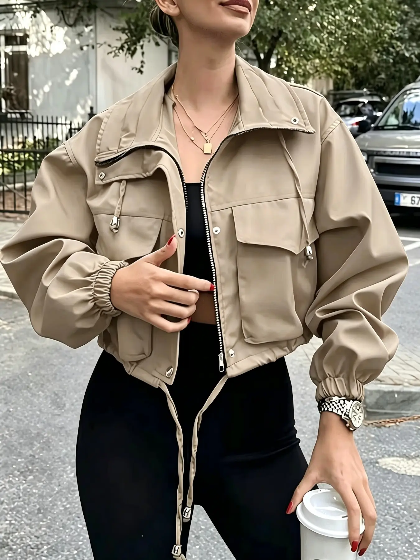 New Fall Women's Jacket, Short Workwear Coat, Loose Fit Oversized Slimming Drawstring Top, Casual Long Sleeve  Suit with Pockets